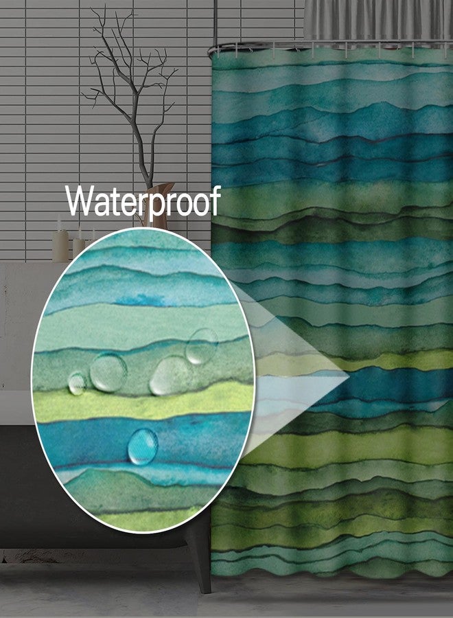 Emvency Shower Curtain Abstract Bright Blue and Green Waves Stripped Watercolor Brush Drawn Waterproof Polyester Fabric 72 x 72 inches Set with Hooks - Image 3