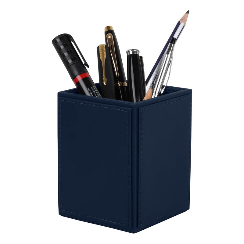 V-CUBE DESIGNS Premium Vegan Leather Pen Holder for Desk & Study Table Accessory | Marker/Pencil Stand for Student | Stationery Organizer for Office Table & Home | 6mm Thickness with MDF Core | Blue - Image 1