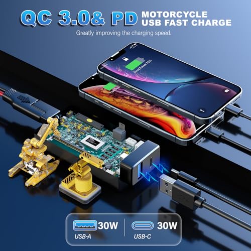 YONHAN Motorcycle Phone Charger, Total 60W 6.8A Dual USB Type C PD & QC 3.0 Motorcycle USB Charger, SAE to USB Adapter with Voltmeter & ON/Off Switch, Waterproof Motorcycle Accessories for Phone - Image 2