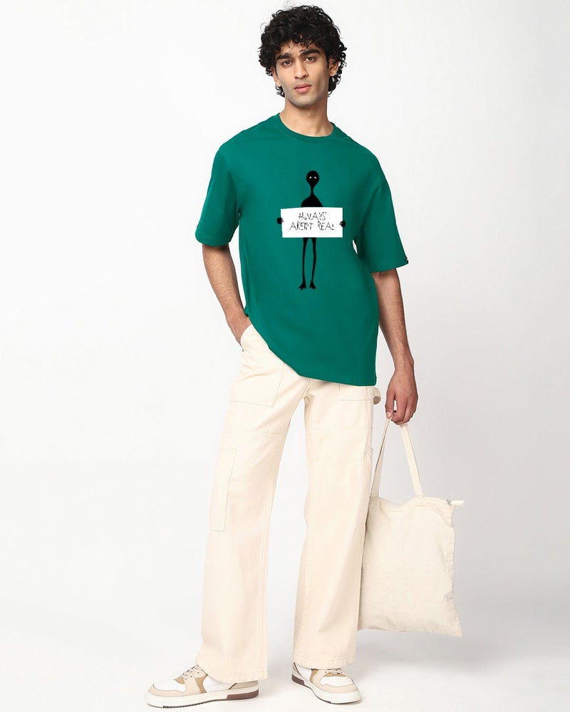 bewakoof Men's Green Humans Aren't Real Graphic Printed Oversized T-shirt - Image 5
