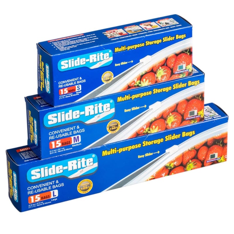 Slide-Rite SlideRite Convenient Reusable Slider Bags Plain Writeable pannel MultiPurpose Storage Bag SlideRite Combo Pack Sizes Small Medium Large Slider Bags Pack of 1 each  - Image 1