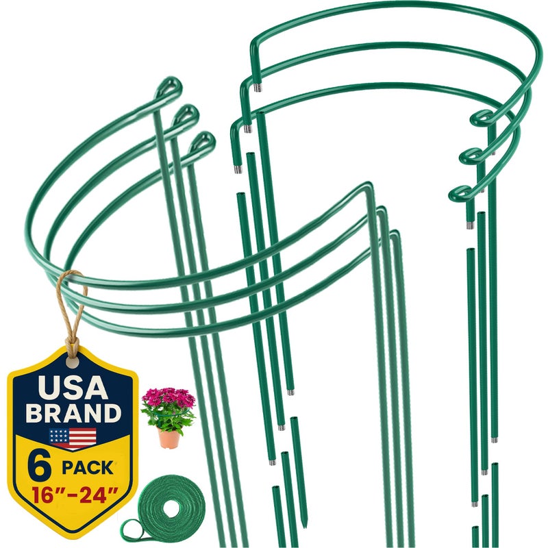 K-Brands 6 Pack Plant Support Stakes â€“ Tall Plant Stakes for Indoor and Outdoor Gardens - Peony Cages and Supports - Cage Rings for Potted Flowers, Peony, Hydrangea, and Rose Bush (10" W x 16" - 24" H) - Image 1