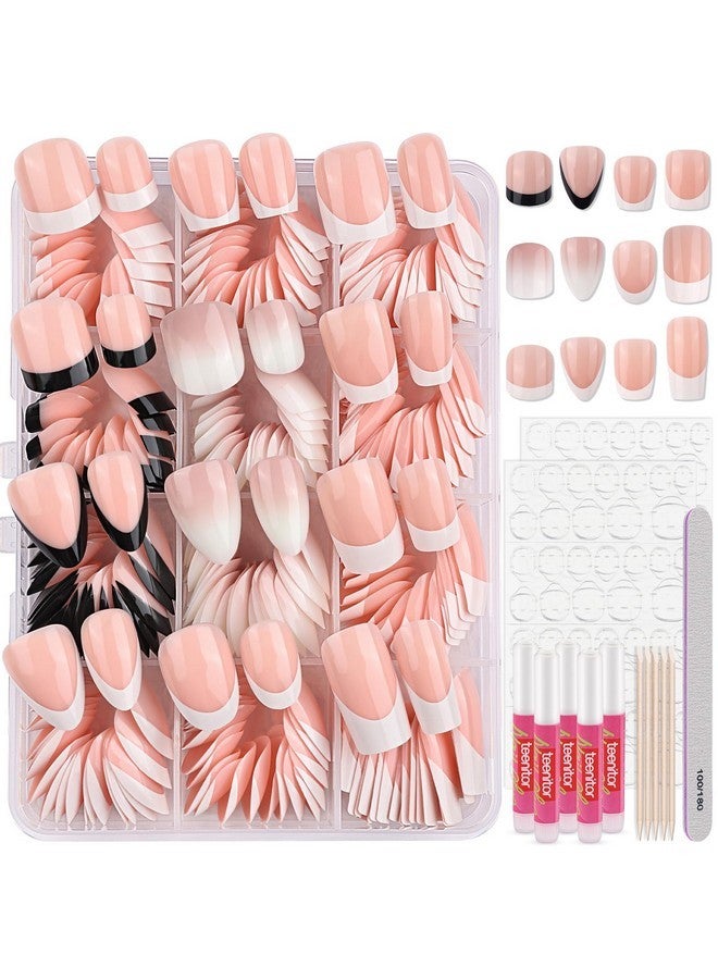 تينيتور أظافر قصيرة، أظافر لوزيّة بطرف فرنسي أسود، أظافر قصيرة لاصقة، مجموعة أظافر لاصقة، أظافر قصيرة بطرف فرنسي، أظافر متوسطة بطرف فرنسي - Image 1