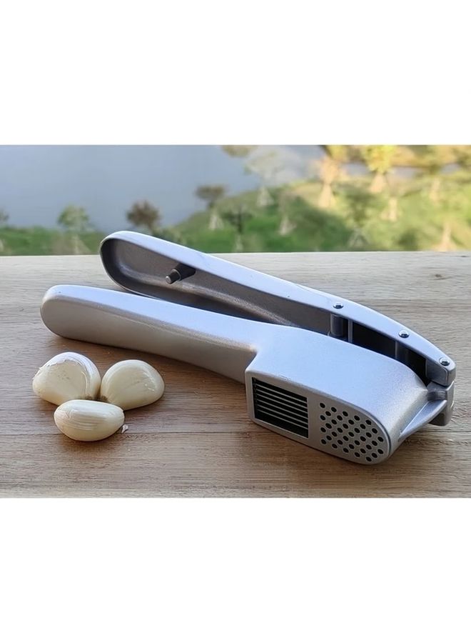 Silvery Aluminum Garlic Press Crusher With Cleaning Pad Manual Mincer For Home Kitchen - Image 2