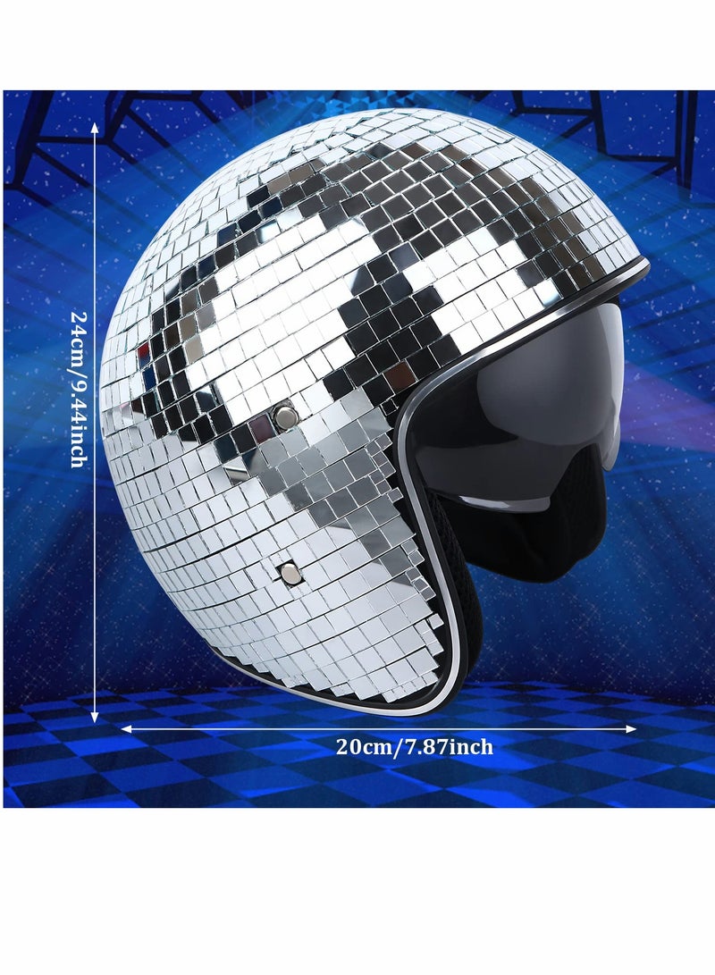 SOLARAE خوذة كرة الديسكو مع واقي شمس قابل للسحب بريق فضي زجاج مرآة خوذة كرة الديسكو للنساء والرجال DJ نادي مسرح بار حفلة زفاف - Image 2
