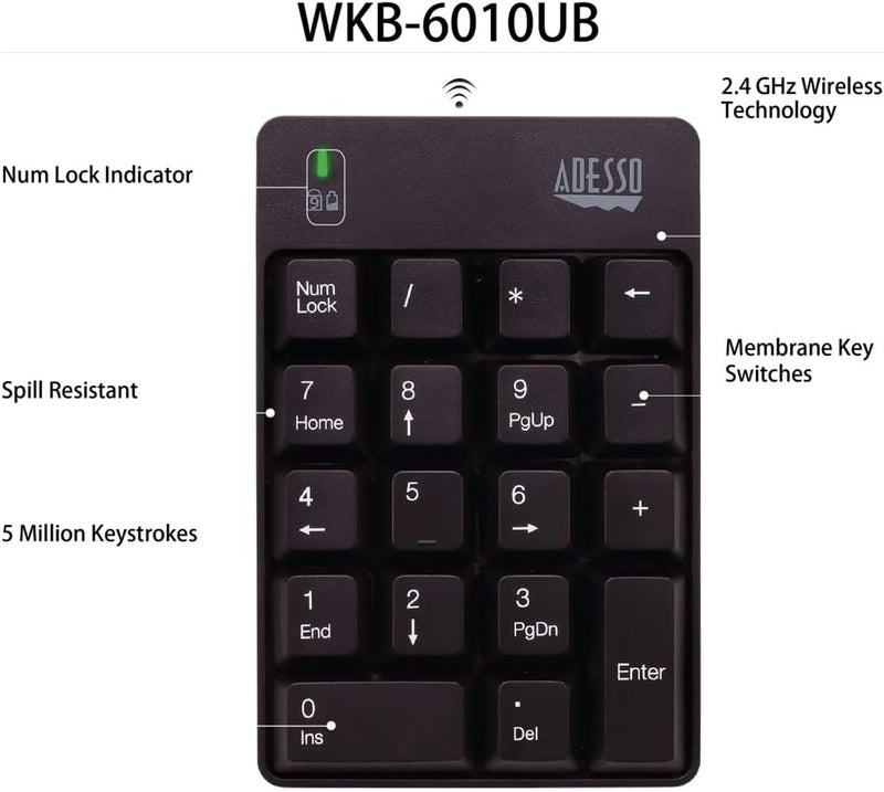 Adesso WKB-6010UB - Wireless Spill Resistant 18-Key Numeric Keypad Number Pad, Black - Image 3