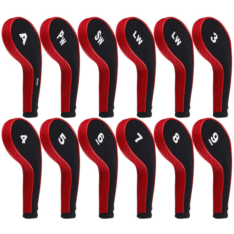 Andux 12pcs/Set Golf Iron Club Head Covers Number Print Long Neck with Zipper Black/red - Image 1