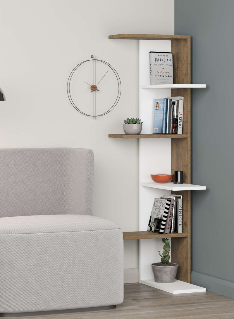 Mourah Home خزانة كتب زاوية ساسو حديثة 6 طبقات متعددة التخزين رف عرض لوحدة غرفة النوم والمعيشة 24X141X37 سم (أبيض/بني) - Image 1