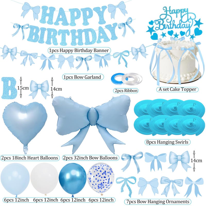 Douvelue Blue Bow Birthday Decorations, Happy Birthday Banner Garland and Hanging Swirls, 28Pcs Balloons, Cake Toppers, Bow Themed Party Decorations for Girls Women - Image 2