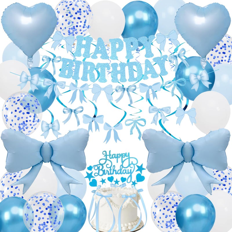 Douvelue Blue Bow Birthday Decorations, Happy Birthday Banner Garland and Hanging Swirls, 28Pcs Balloons, Cake Toppers, Bow Themed Party Decorations for Girls Women - Image 1