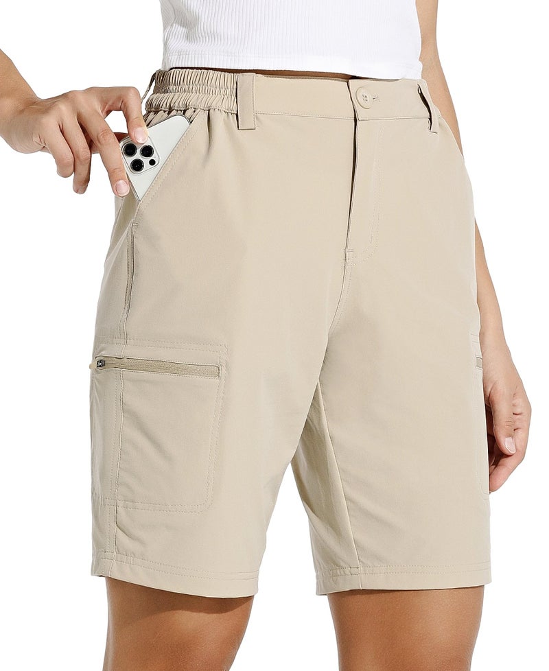 Willit Women's 10" Hiking Cargo Shorts Stretch Golf Active Long Quick Dry Outdoor Summer Shorts Khaki L - Image 1
