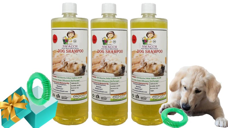 swacch Shampoo | Puppy Safe Shampoo | PH Balanced | Dog Shampoo 1 Litre Pack of 3 Lemon + | O PVC Ring Rubber Chew Toy | Teething Chew Toy I Dental Teething I Durable I Combo Pack - Image 1