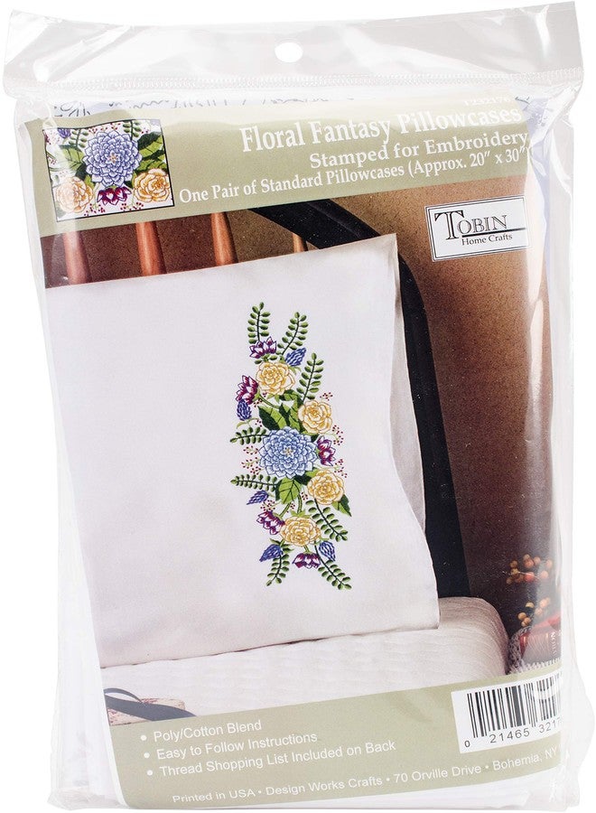 Tobin Stamped Pillowcases, Floral Fantasy, 20" x 30" Embroidery Kit, Floral - Image 1