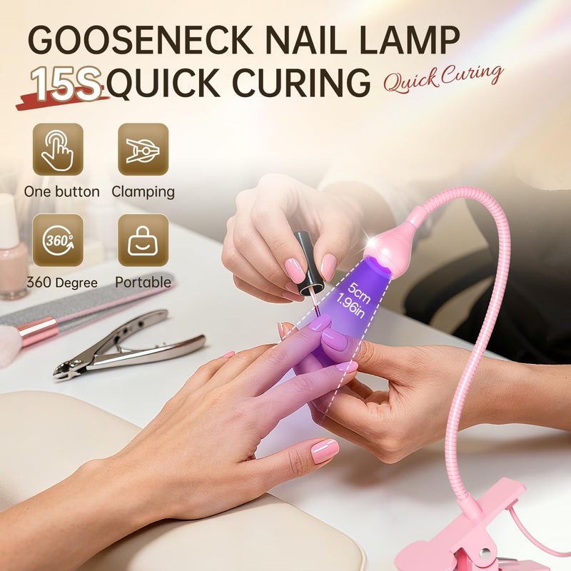 AORAEM LED Nail Lamps 3W Flexible Gooseneck Lamp Quicky Dry Nail Manicure Dryer Gel Polish Curing Light Plug Play Portable Flash Cure Light for Gel Nails Home DIY Professional Nail Tools Pink - Image 3