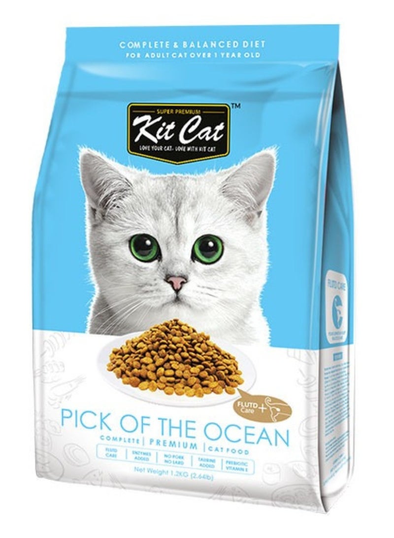 Kit Cat Cat Food Dry For Adult Cats  Ocean Fish Flavor - 1.2kg -  Cat Dry Food Complete Nutrition with Premium Taurine-Enriched & FLUTD Support Formula with Prebiotics & Vitamins - High-Quality Dry Food for Adult Cats - Image 1
