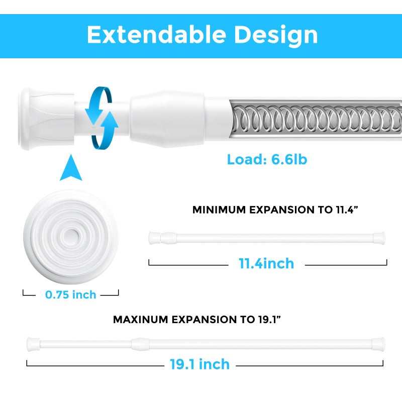 MEXAU 2PCS Small Tension Curtain Rod 11 to 19 Inch,White Short Curtain Rods No Drilling,Loaded Expandable Spring Curtain Rods for Windows,Kitchen,Closet,Cupboard,Door,Bookshelf - Image 3