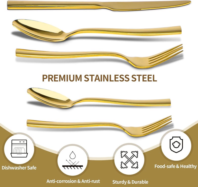 Briout Gold Silverware Set Briout 40 Piece Stainless Steel Flatware Cutlery Set Service for 8 Luxury Square Tableware Thick Knife Fork Spoon for Home Kitchen Restaurant Wedding Mirror Polished - Image 3