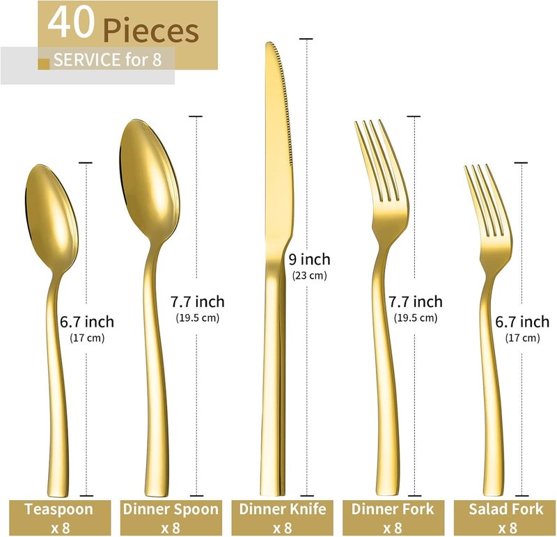 Briout Gold Silverware Set Briout 40 Piece Stainless Steel Flatware Cutlery Set Service for 8 Luxury Square Tableware Thick Knife Fork Spoon for Home Kitchen Restaurant Wedding Mirror Polished - Image 2