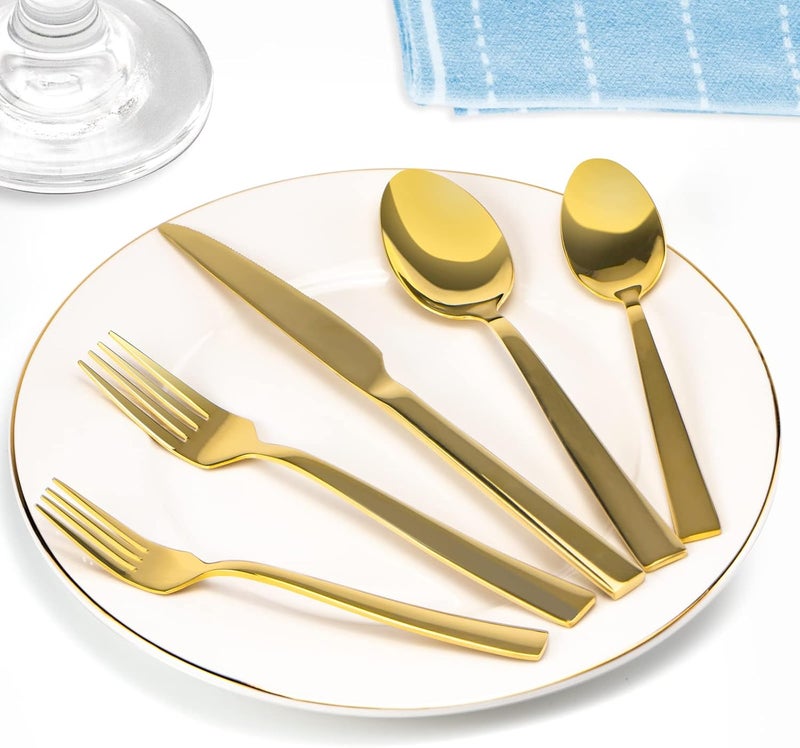 Briout Gold Silverware Set Briout 40 Piece Stainless Steel Flatware Cutlery Set Service for 8 Luxury Square Tableware Thick Knife Fork Spoon for Home Kitchen Restaurant Wedding Mirror Polished - Image 5
