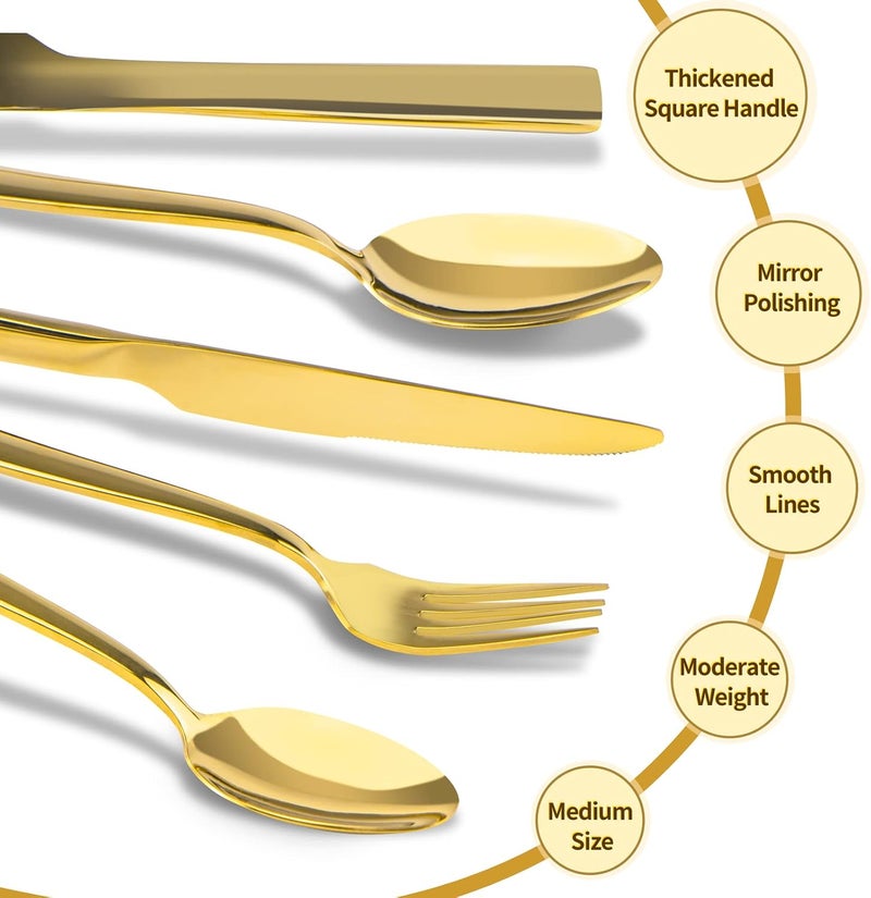 Briout Gold Silverware Set Briout 40 Piece Stainless Steel Flatware Cutlery Set Service for 8 Luxury Square Tableware Thick Knife Fork Spoon for Home Kitchen Restaurant Wedding Mirror Polished - Image 4