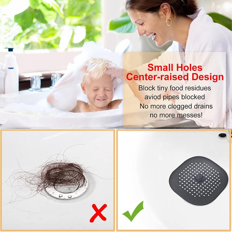 Bovinde Hair Drain Catcher,Square Drain Cover for Shower Silicone Hair Stopper with Suction Cup,Easy to Install Suit for Bathroom,Bathtub,Kitchen 2 Pack (Sliver Grey Black) - Image 3