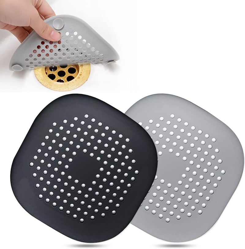 Bovinde Hair Drain Catcher,Square Drain Cover for Shower Silicone Hair Stopper with Suction Cup,Easy to Install Suit for Bathroom,Bathtub,Kitchen 2 Pack (Sliver Grey Black) - Image 1