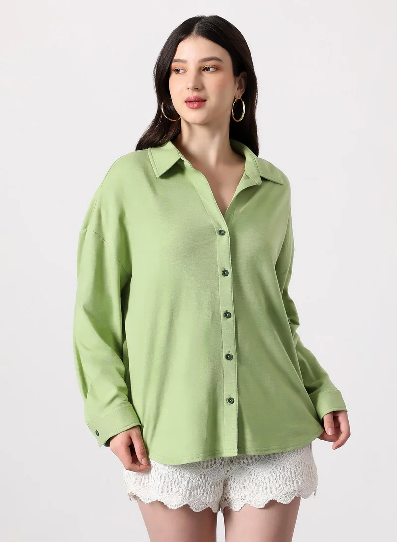 بينيا كولادا Women's Solid-Knit Oversized Shirt | Spread Collar , Long Single-Button Cuff Sleeves, Button Closure | Solid Ribbed | Knitted Shirt For Casual & Daily Wear | Grass Green