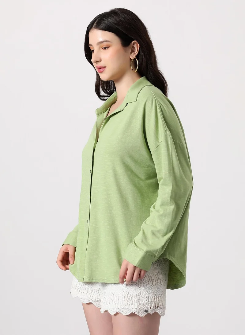 PINACOLADA Women's Solid-Knit Oversized Shirt | Spread Collar , Long Single-Button Cuff Sleeves, Button Closure | Solid Ribbed | Knitted Shirt For Casual & Daily Wear | Grass Green