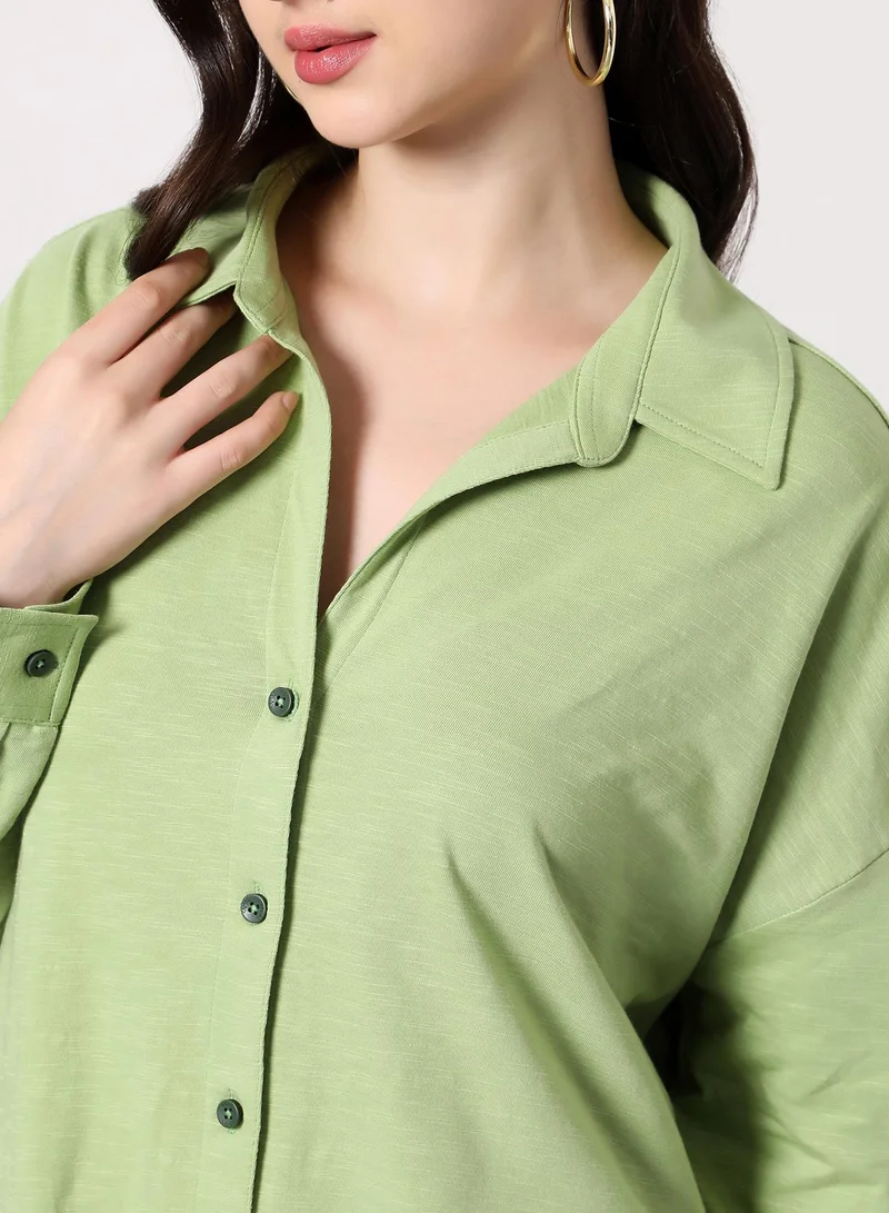 PINACOLADA Women's Solid-Knit Oversized Shirt | Spread Collar , Long Single-Button Cuff Sleeves, Button Closure | Solid Ribbed | Knitted Shirt For Casual & Daily Wear | Grass Green