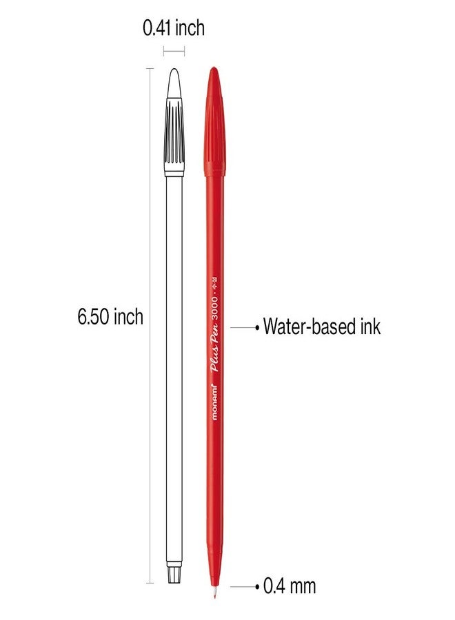 MONAMI Plus Pen 3000 Felt Tip Pens, Fine Point (0.4mm), Fine Liner, Writing/Journaling/Note Taking at home, school and office, Red, 12-Count - Image 2