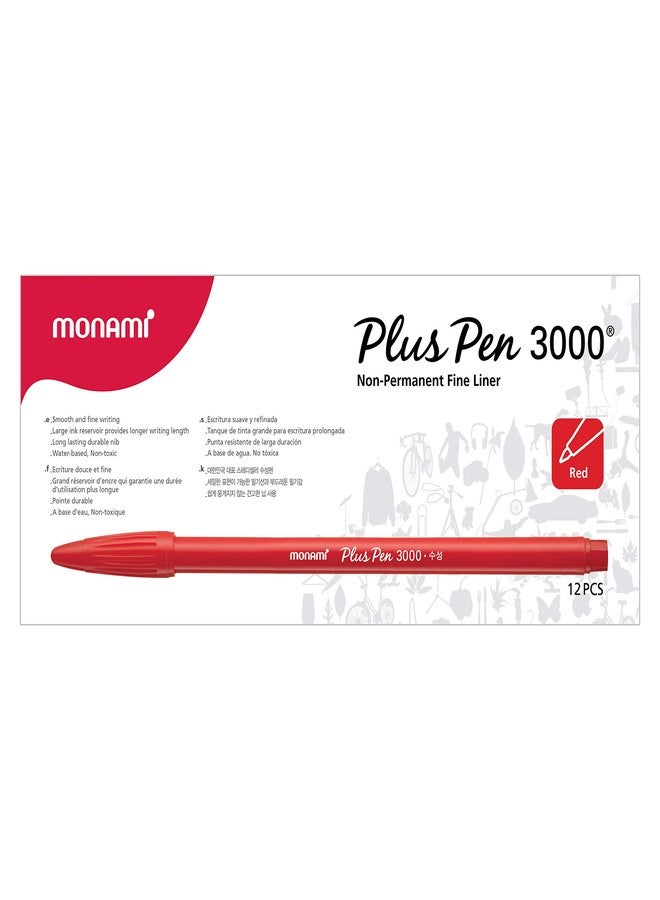MONAMI Plus Pen 3000 Felt Tip Pens, Fine Point (0.4mm), Fine Liner, Writing/Journaling/Note Taking at home, school and office, Red, 12-Count - Image 4