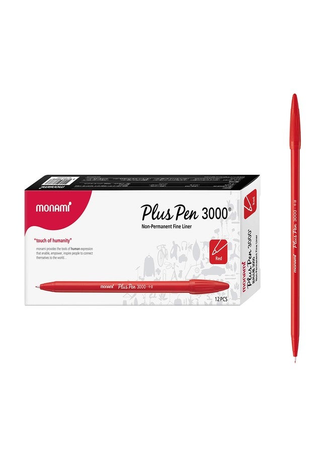 MONAMI Plus Pen 3000 Felt Tip Pens, Fine Point (0.4mm), Fine Liner, Writing/Journaling/Note Taking at home, school and office, Red, 12-Count - Image 1