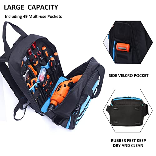 AUMTISC Tool Bag Backpack for Men, Heavy-Duty Tools Storage Organizer Work Bags Backpack for Construction Jobsite, Electrician, Industrial, Repairman, and HVAC Techs, Blue - Image 3