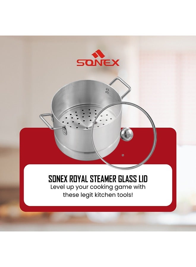 SONEX Royal Steamer 30 cm – Premium Aluminium with Glass Lid, Healthy & Efficient Cooking, Durable Ergonomic Handles, Even Heat Distribution, Dishwasher Safe,Perfect for Vegetables, Seafood, Dumplings - Image 4