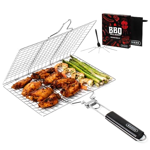 SHIZZO Shallow Grill Basket Set, Grilling Accessories Barbecue BBQ, Stainless Steel Folding Portable Outdoor Camping Rack for Fish, Shrimp, Vegetables, Cooking Accessories, Gift for Family, Freinds - Image 1