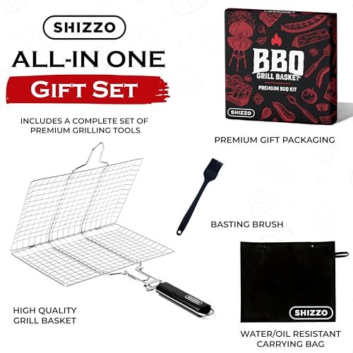 SHIZZO Shallow Grill Basket Set, Grilling Accessories Barbecue BBQ, Stainless Steel Folding Portable Outdoor Camping Rack for Fish, Shrimp, Vegetables, Cooking Accessories, Gift for Family, Freinds - Image 2