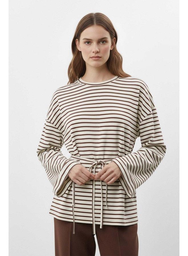Soul Women's Long Sleeve Striped Waist-Tied Relaxed Fit Tunic-32484TUN - BROWN. - Image 1