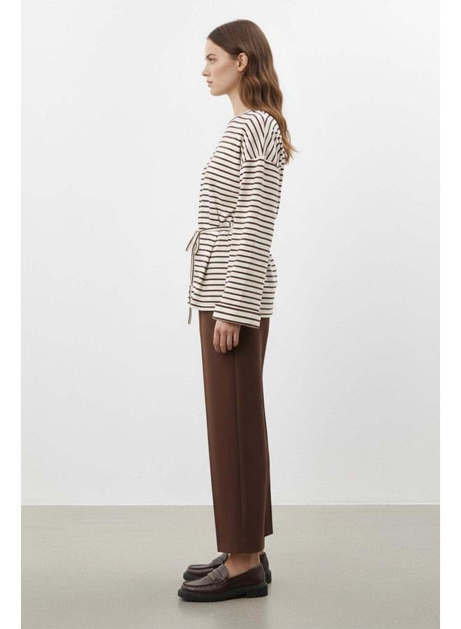 Soul Women's Long Sleeve Striped Waist-Tied Relaxed Fit Tunic-32484TUN - BROWN. - Image 3