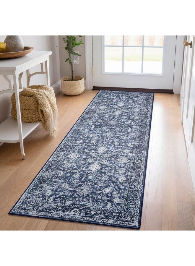 KILOCOCO Hallway Runner 2x6 Rug Runner Printed Vintage Floral Washable Kitchen Runners Non-Slip Rubber Backed Runners for Hallways Laundry Room Distressed Boho Rugs for Entryway Bedroom, Blue - Image 1