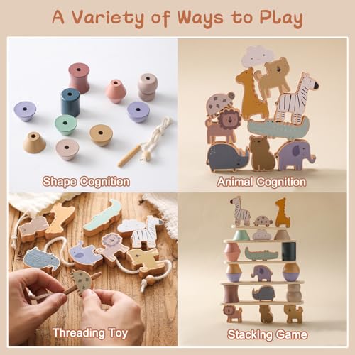 Smartwo Wooden Animals Threading Toys Lacing Beads for ToddlersStacking Blocks Balance GameFamily Educational Preschool Learning Toy Preschoolers Montessori Classroom ActivitiesIdeal Gift for Kids - Image 5