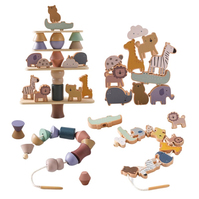 Smartwo Wooden Animals Threading Toys Lacing Beads for ToddlersStacking Blocks Balance GameFamily Educational Preschool Learning Toy Preschoolers Montessori Classroom ActivitiesIdeal Gift for Kids - Image 3