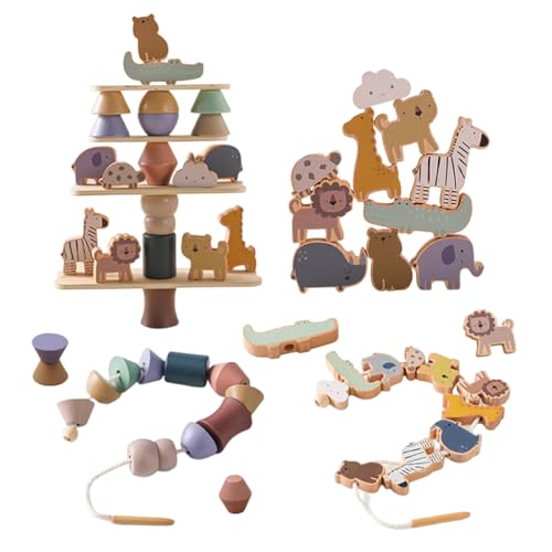 Smartwo Wooden Animals Threading Toys Lacing Beads for ToddlersStacking Blocks Balance GameFamily Educational Preschool Learning Toy Preschoolers Montessori Classroom ActivitiesIdeal Gift for Kids - Image 1