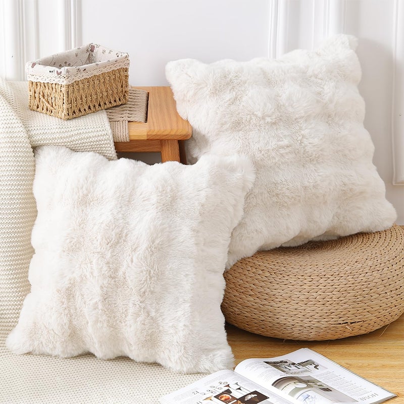 MADIZZ Pack of 2 Thick Plush Faux Wool Throw Pillow Covers Soft Boho Throw Pillows Luxurious Cushion Covers for Couch Sofa Bedroom Living Room Home Decor 18x18 Inch Cream - Image 2