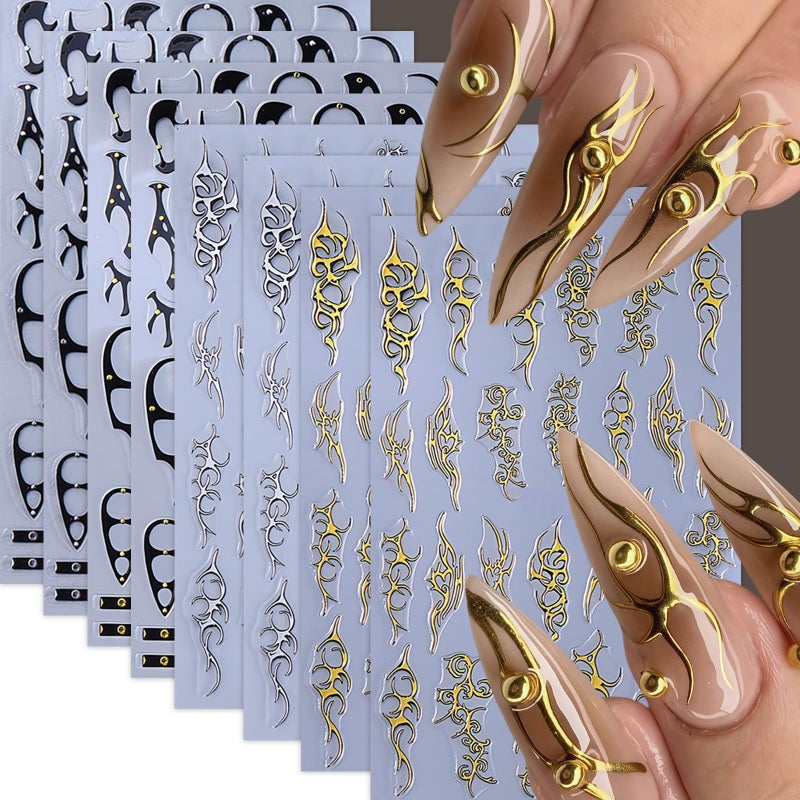 Quezadyl 8 Sheets Gothic Gold Line Nail Stickers for Nail Art Punk Belt Nail Decals 3D Self-Adhesive Gold Silver Line Nail Art Stickers Retro Punk Style Thorns Flame Lines Nail Design for Women Nails Decor - Image 1