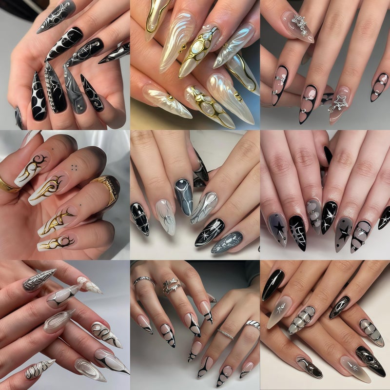 Quezadyl 8 Sheets Gothic Gold Line Nail Stickers for Nail Art Punk Belt Nail Decals 3D Self-Adhesive Gold Silver Line Nail Art Stickers Retro Punk Style Thorns Flame Lines Nail Design for Women Nails Decor - Image 2