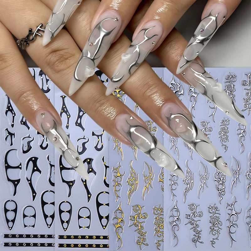 Quezadyl 8 Sheets Gothic Gold Line Nail Stickers for Nail Art Punk Belt Nail Decals 3D Self-Adhesive Gold Silver Line Nail Art Stickers Retro Punk Style Thorns Flame Lines Nail Design for Women Nails Decor - Image 5