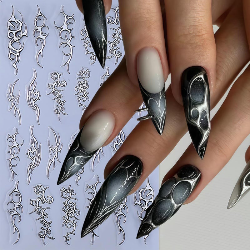 Quezadyl 8 Sheets Gothic Gold Line Nail Stickers for Nail Art Punk Belt Nail Decals 3D Self-Adhesive Gold Silver Line Nail Art Stickers Retro Punk Style Thorns Flame Lines Nail Design for Women Nails Decor - Image 4
