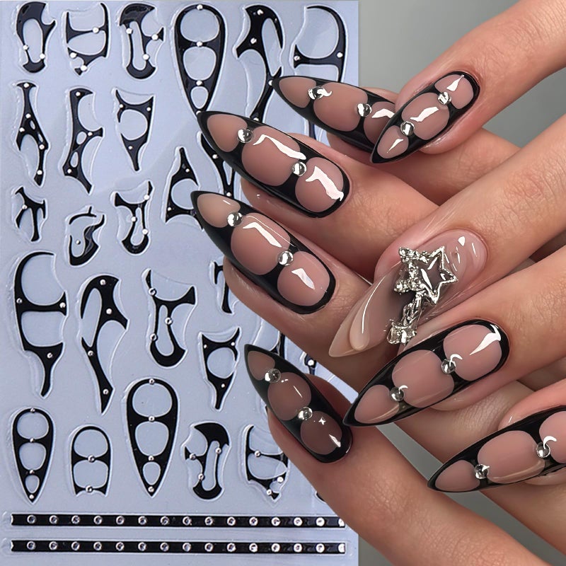 Quezadyl 8 Sheets Gothic Gold Line Nail Stickers for Nail Art Punk Belt Nail Decals 3D Self-Adhesive Gold Silver Line Nail Art Stickers Retro Punk Style Thorns Flame Lines Nail Design for Women Nails Decor - Image 3