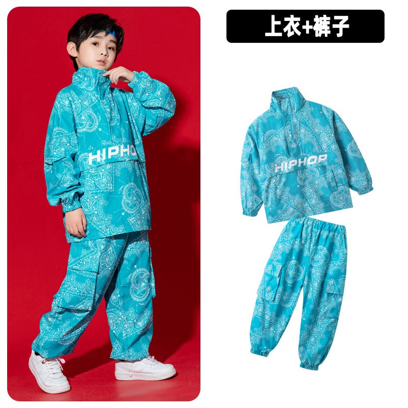 Childrens Hip Hop Hip Hop suit Korean Style Childrens Modern Dance Hiphop Fashion Clothes Jazz Dance Cool Performance Clothes Blue Cashew Long Sleeve Trousers suit