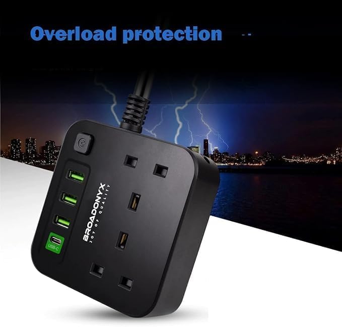 BROADONYX Extension cord Power Strip 30W type C Electrical Plug Sockets 2 Way USB-C 1.8M Extension Cord Black - Image 4